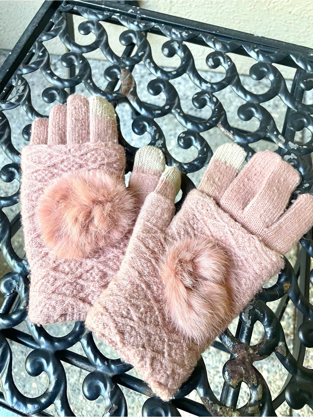 Blush Pink Faux-Fur Pom Pom Convertible Mittens